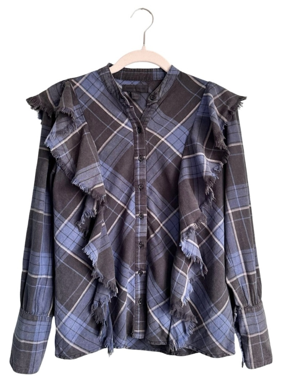 Maison Cinqcent Women's Blue Plaid Ruffle Button Up Shirt Small Fall Preppy